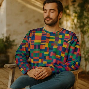 May include: A vibrant crew neck sweatshirt featuring a geometric design of multi-coloured rectangles. The person is wearing blue jeans and seated on a wooden chair. The colours include blue, yellow, red, and green.
