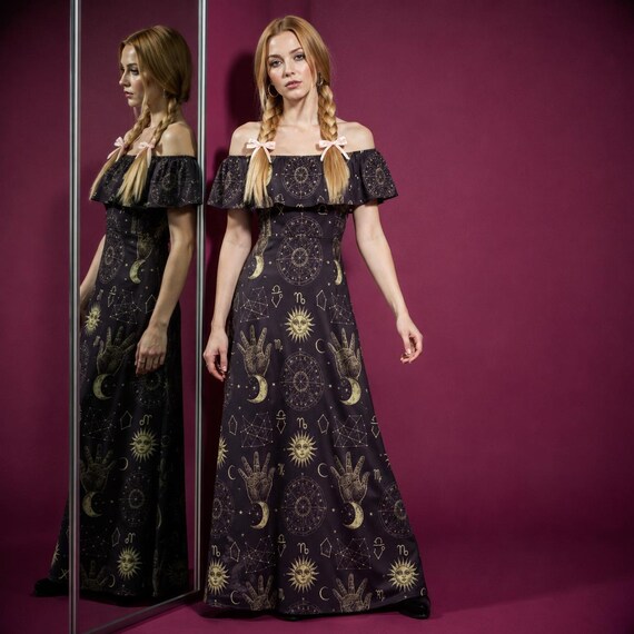 Whimsigoth Celestial Maxi Dress | Off-Shoulder Astrology Gown