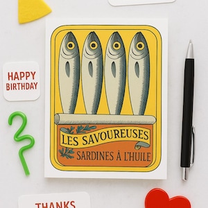 Cartão engraçado de sardinha – Cartão de aniversário retrô para amigo gourmet, Cartão de felicitações engraçado de peixe em branco, Papelaria de cozinha vintage