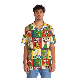Retro Cartoon Shirt Pop Art Parodie Button-Up Herren Grafik Shirt Y2K Müsli Box Stil Vintage Comic Streetwear Lustiges Sommer Top