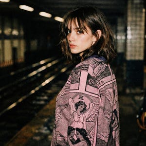 Puede incluir: Una persona con una chaqueta rosa y negra estampada con diseños de ángeles y cruces. La chaqueta tiene un cuello alto y se lleva en una estación de metro. La persona tiene el pelo castaño corto y mira a la cámara.