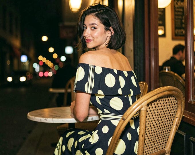 Retro Polka Dot Off-Shoulder Maxi Dress, Mod Style Border Print Gown, Vintage Evening Streetwear
