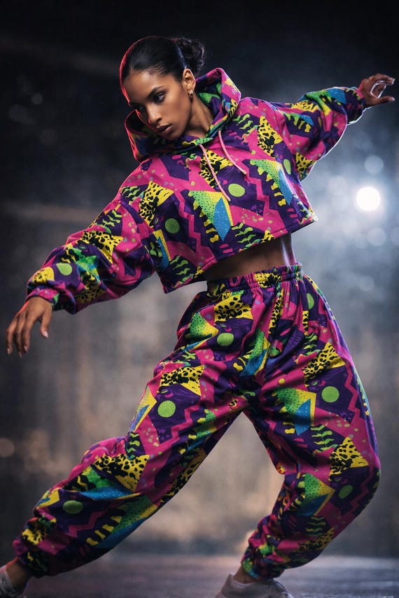 90s Arcade Carpet Tracksuit, Neon Hoodie & Joggers, Cosmic Bowling