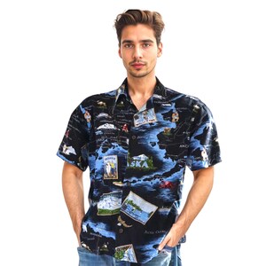 Maglietta vintage con mappa dell'Alaska / Camicia con bottoni della fauna selvatica di David Carey degli anni '90 / Maglietta da uomo L Travel Souvenir