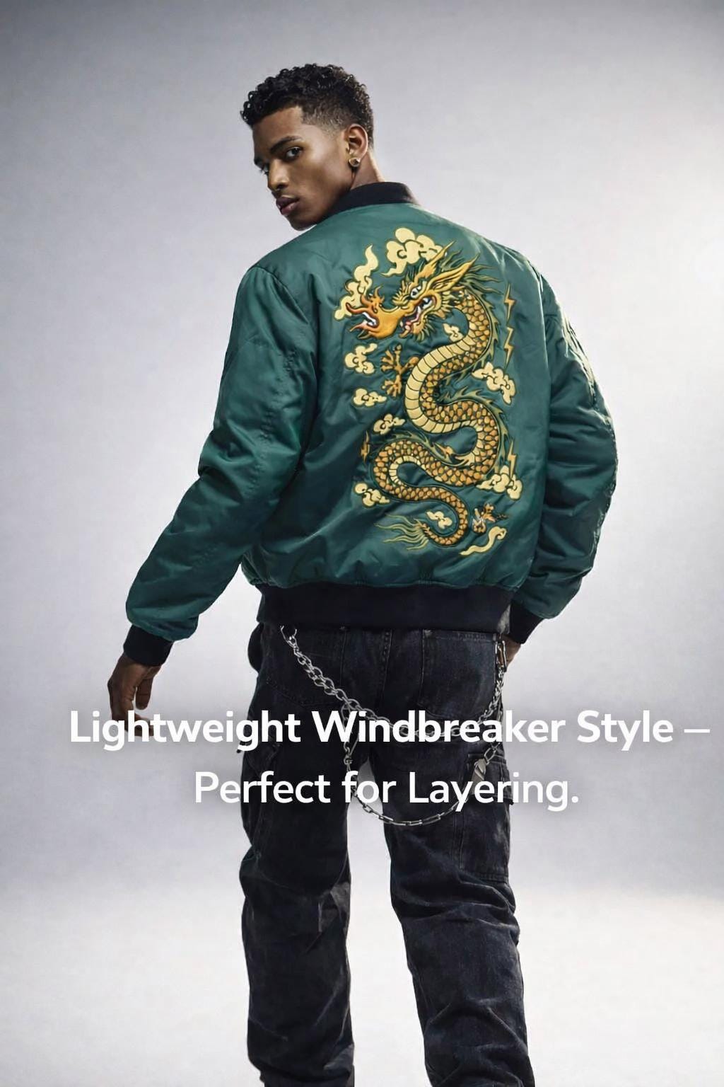 Japanese Dragon Lightweight Bomber Jacket, Green Sukajan, Urban