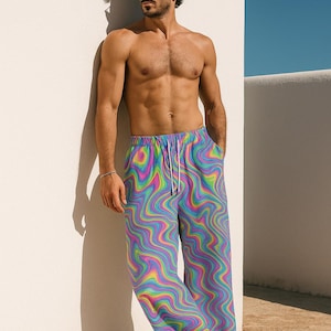 70s Rainbow Swirl Wide Leg Pants: Psychedelic Festival Trousers