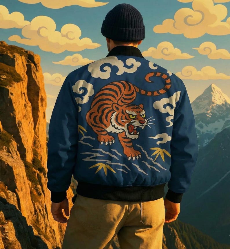 May include: A blue bomber jacket with a tiger design on the back. The tiger is orange and black, with white clouds and yellow accents. The jacket has a black collar and cuffs. The background shows a mountain range and a cloudy sky.