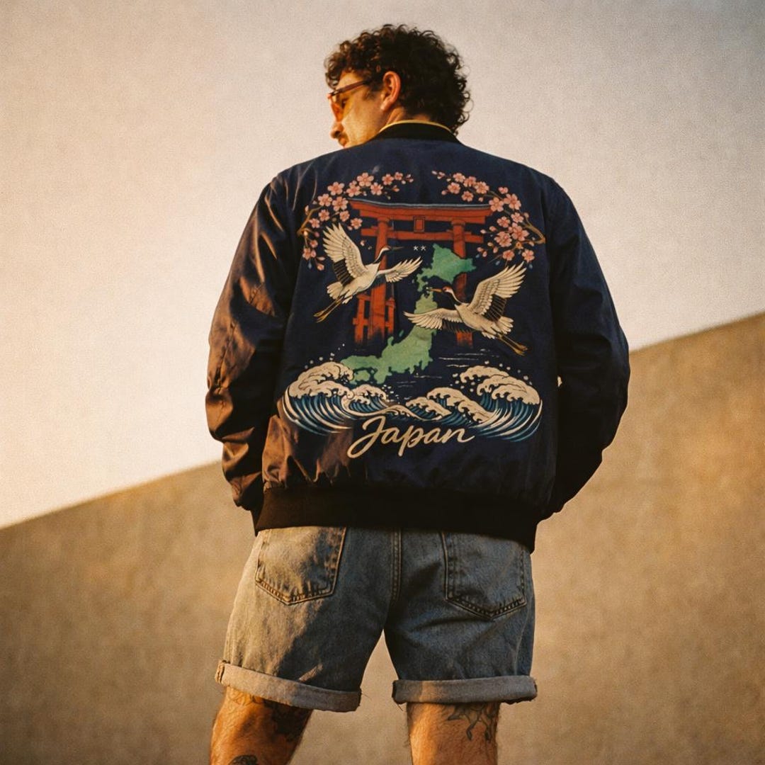 Japanese Tree Jacket Japanese Crane & Torii Bomber Jacket | Vintage Sakura Graphic Navy Coat ...