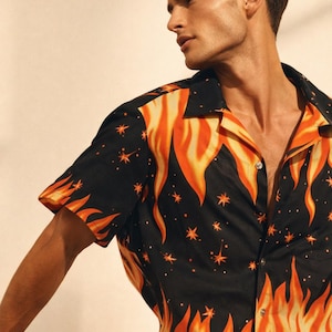 Flame Print Button Down Shirt | Men's Fire Pattern Hawaiian Top | Celebrity Chef Halloween Costume