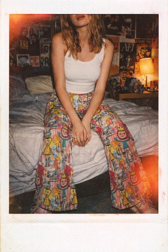 Colorful Art Teacher Outfit | Abstract Print Flare Pants | High Waisted Funky Trousers