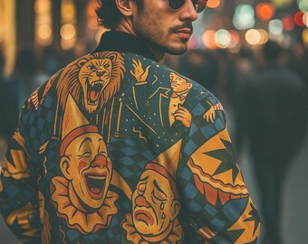 Circuscore Bomber Jacket: Surreal Clown Print, Bold Streetwear