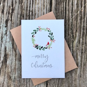 Weihnachtskranz Karte Handgemachte Aquarell Weihnachtskarte, Weihnachtskranz mit Kardinal rote Vogelkarte, schöne Weihnachtskarte