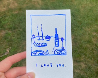 Hand-Painted Watercolor Card: "I Love You" Dinner Scene
