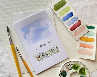 Handgeschilderde aquarel I Love You-kaart: natuurkaartenset