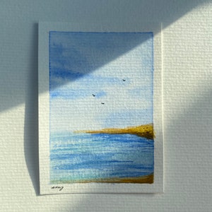 Mini-peinture aquarelle ciel bleu océan ouvert