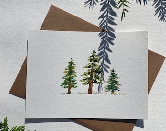 Evergreen tree Watercolor Handmade watercolor forest outdoors card woodland card green tree pine tree landscape card set .