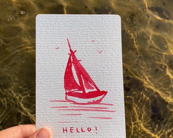 Hand-Painted Watercolor Sailboat Card – Red Boat 'Hello' Greeting