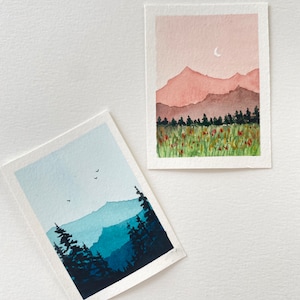 Pequeña pintura de acuarela Mini escena de paisaje acuarela enmarcada