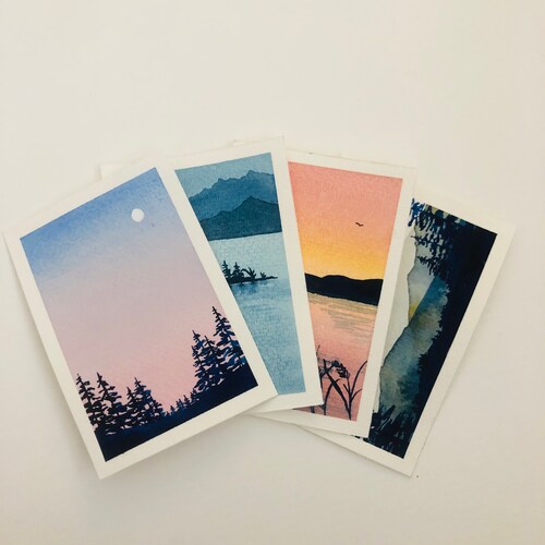 Original Watercolor Landscape Painting Blue Sky Small Birds Etsy