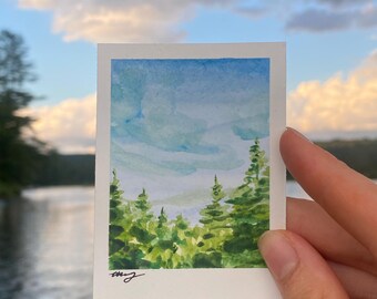 Miniature Watercolor Mountain Landscape – Hand-Painted Tiny Art