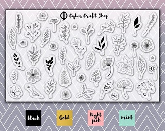 Floral sticker set-43 unique black/foil (gold/pick/mint) flowers and leaves stickers great for bullet journal and planners and notebooks.