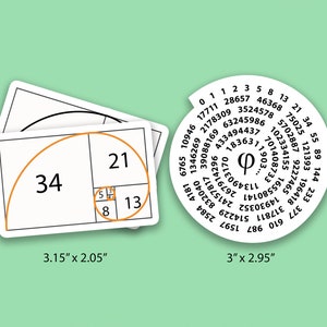 May include: White stickers featuring mathematical concepts. One sticker displays the Fibonacci sequence with numbers and an orange spiral, measuring 3.15 x 2.05 inches. Another sticker shows a circular arrangement of numbers and the Greek letter phi, measuring 3 x 2.95 inches.