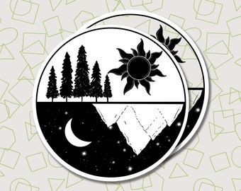 May include: Black and white illustration of a sun and moon with a mountain range and forest in the background. The sun is on the top half of the circle and the moon is on the bottom half.