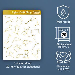 May include: A sheet of gold constellation stickers from Cyber Craft Shop. The stickers are 3.06" x 4" and feature 20 individual constellations. The stickers are waterproof and handmade with love.