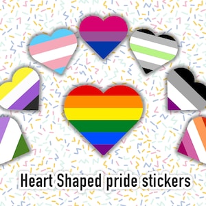 Heart Shaped pride stickers -- show your love and support as an LGBTQ+ person or ally with waterproof vinyl stickers with pride flag designs