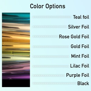 Op de afbeelding: Een verscheidenheid aan folie kleuren voor knutselen en decoreren. Teal, zilver, ros&eacute; goud, goud, mint, lila, paars en zwarte folie opties worden getoond.
