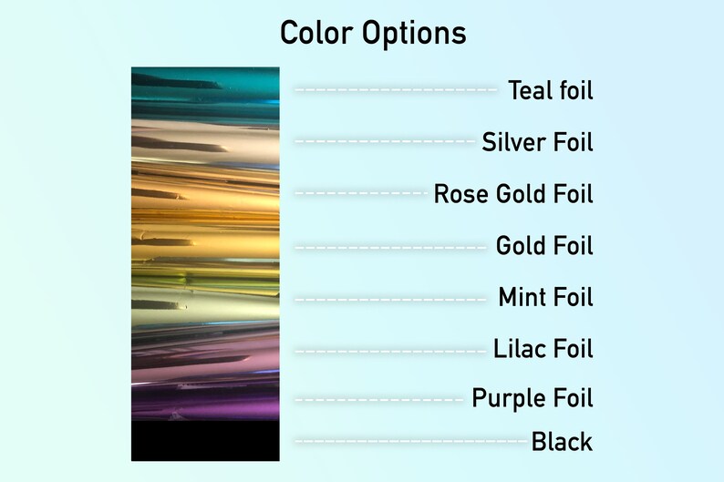 Op de afbeelding: Een verscheidenheid aan folie kleuren voor knutselen en decoreren. Teal, zilver, ros&eacute; goud, goud, mint, lila, paars en zwarte folie opties worden getoond.