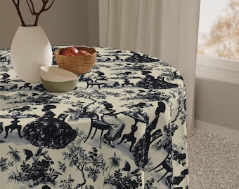 Toalha de mesa preta com estampa Toile de Jouy, toalha de mesa floral, toalha de mesa creme, toalha de mesa decorativa com estampa Toile, toalha de mesa com arte de mulheres afro-americanas