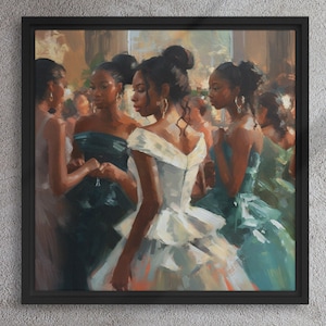 Op de afbeelding: Een schilderij van vier vrouwen in formele kleding, die in een groep staan. De vrouw in het midden draagt een witte jurk met een geruite rok. De andere vrouwen dragen donkergroene en turquoise jurken. Het schilderij is gemaakt in een realistische stijl met zachte penseelstreken.