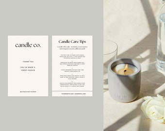 Canva Candle Care Card Template, Editable Wax Melt Care Guide, Minimalist Candle Business Branding, Modern Thank You Note Design Set