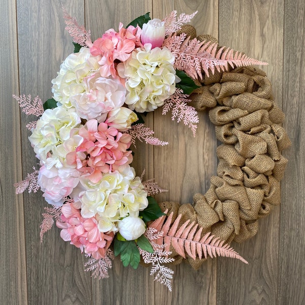 Floral Burlap Wreath | Hydrangea Wreath | Summer Wreath | Spring Wreath | Burlap Wreath | Peonies Wreath