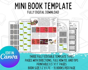 May include: A digital download template for creating mini books. The template includes three pages: a drag and drop template, a full how-to guide, and a page with tips and tricks. The template is printable on 8.5 x 11 inch paper and can be used to create 15 mini books per page. The mini books are 1.2 x 1.75 inches in size.