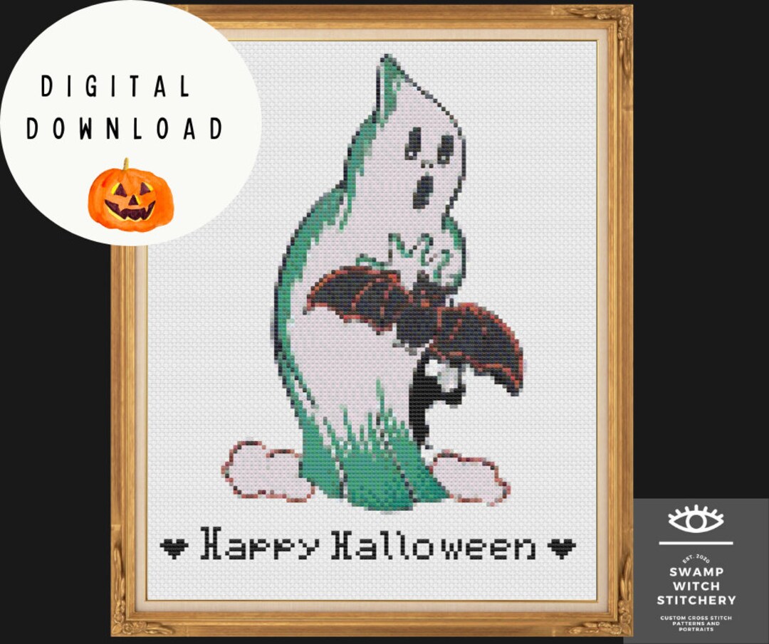 Vintage Halloween Ghost and Bat Cross Stitch Pattern Pdf Digital ...
