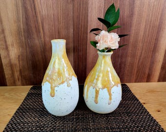 Pair of bud vases with sea salt and drippy marigold glaze