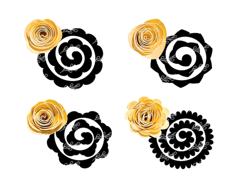 May include: Four black and white swirl designs with a yellow paper flower on top of each design.