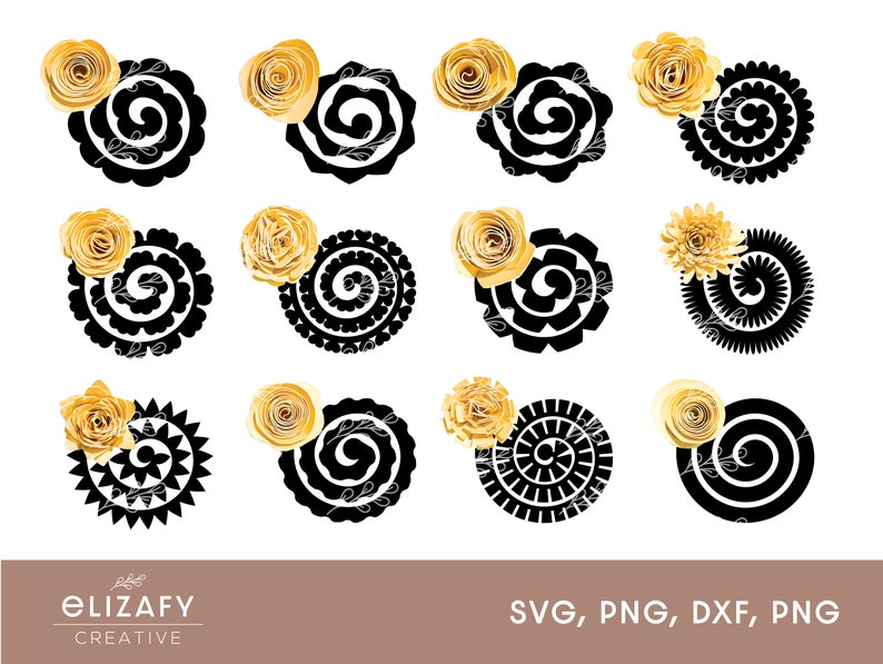 May include: A set of 10 black and white digital cut files featuring a swirl design with a yellow flower on top. The files are in SVG, PNG, DXF, and PNG formats.
