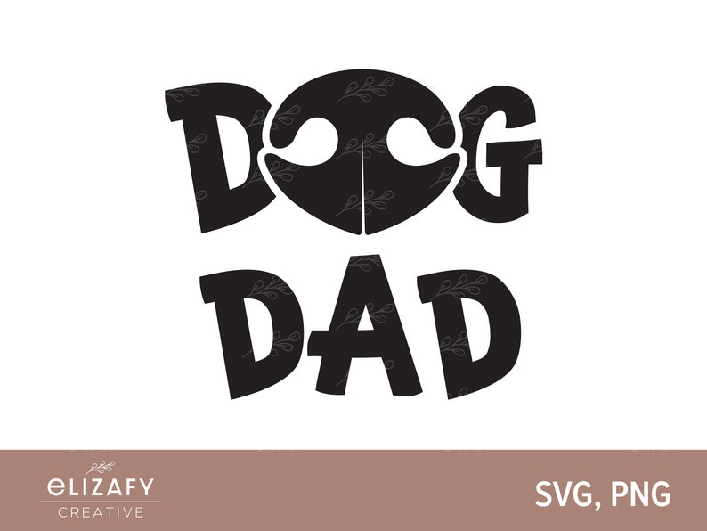 May include: Black and white graphic design with the text "Dog Dad" and a stylised dog nose with eyes.