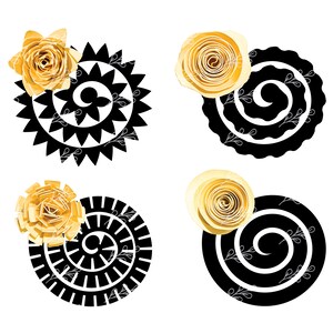 May include: Four black and white spiral designs with a yellow paper flower on top of each one.