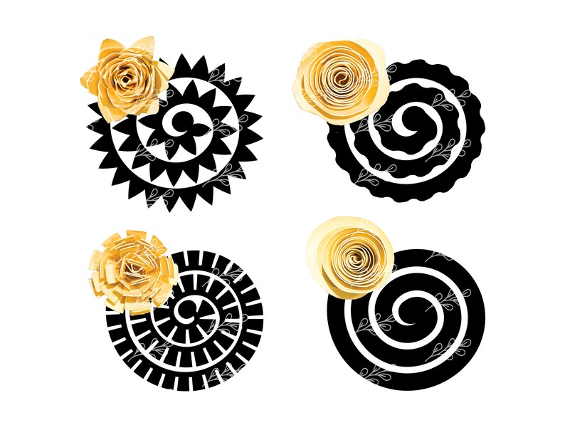 May include: Four black and white spiral designs with a yellow paper flower on top of each one.