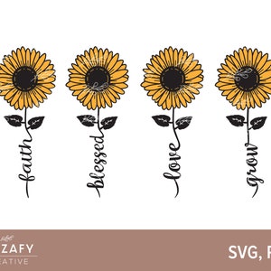 Puede incluir: Cuatro girasoles amarillos con centros negros y hojas verdes. Cada girasol tiene una palabra escrita verticalmente en el tallo: "faith", "blessed", "love" y "grow".