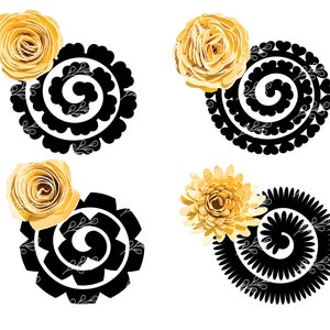 May include: Four black and white swirl designs with yellow paper flowers on top. The designs are circular and have a spiral pattern.