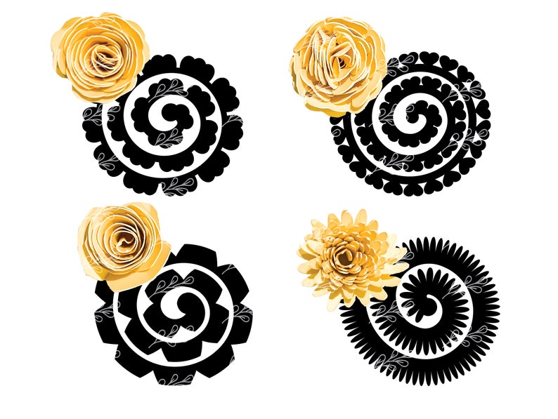 May include: Four black and white swirl designs with yellow paper flowers on top. The designs are circular and have a spiral pattern.