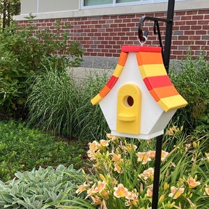 Chalet Style Recycled Poly Lumber Birdhouse, White with Red, Orange, and Yellow Roof