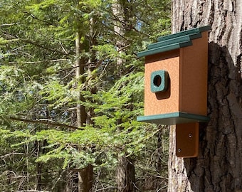 Square Back-Mount Birdhouse, Cedar colored poly lumber with Green Roof