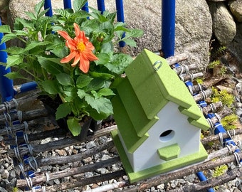 Traditional Eco-Friendly Poly Birdhouse, White with Lime Roof