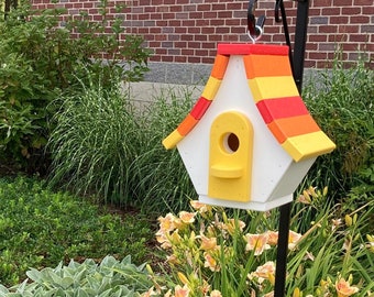 Chalet Poly Birdhouse, White with Red, Orange, and Yellow Roof